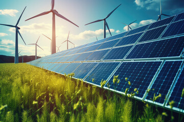 große Photovoltaik Anlagen auf dem Feld mit Windturbine im Hintergrund - obrazy, fototapety, plakaty