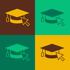 Pop art Graduation cap with cursor icon isolated on color background. World education symbol. Online learning or e-learning concept. Vector