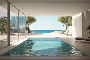Fototapeta na wymiar an oceanfront apartment with large swimming pool with ocean view ai generated 