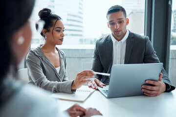 Business people, laptop and planning strategy for management analysis, training and sales marketing...