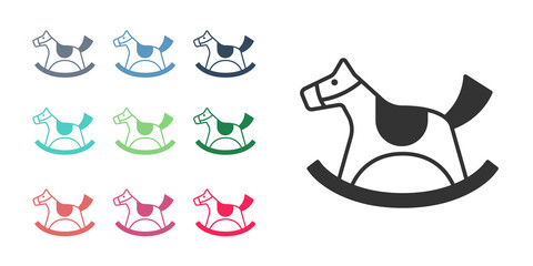 Obraz premium Black Wooden horse in saddle swing for little children icon isolated on white background. Set icons colorful. Vector
