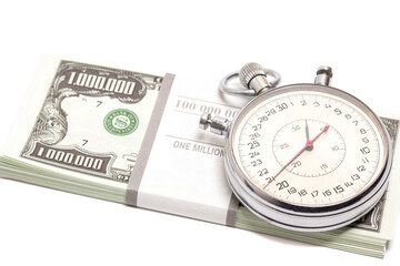 Stopwatch with one million dollar bills. Time is money concept