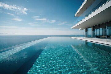 Obraz premium large swimming pool in an oceanfront apartment with ocean view ai generated 