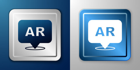 White Augmented reality AR icon isolated on blue and grey background. Virtual futuristic wearable devices. Silver and blue square button. Vector