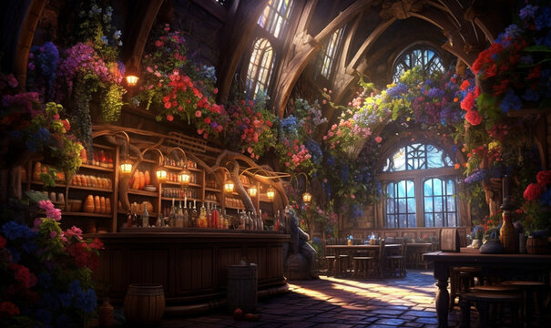 gem&uuml;tliche, stimmungsvolle mittelalterliche Fantasy-Taverne. generative KI