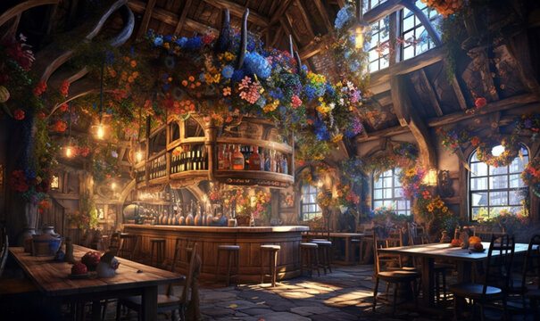 gem&uuml;tliche, stimmungsvolle mittelalterliche Fantasy-Taverne. generative KI