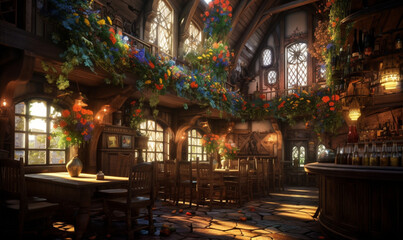 Fototapeta na wymiar gemütliche, stimmungsvolle mittelalterliche Fantasy-Taverne. generative KI