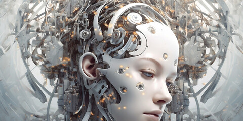 Beautiful female cyber fashion robot on the futuristic techno background. Artificial Intelligence. Quantum computer. AI Generative
