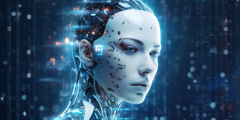 Beautiful female cyber fashion robot on the futuristic techno background. Artificial Intelligence. Quantum computer. AI Generative