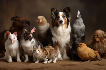 Naklejka na ściany i meble Group of Pets Posing Around a Border Collie Dog