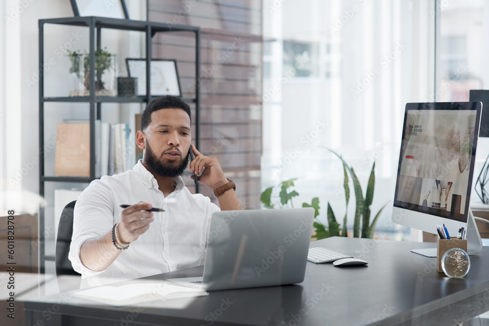 Poster laptop, phone call and planning with a business man at his desk in the office for communication or n