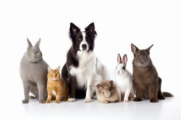 Group of Pets Posing Around a Border Collie Dog