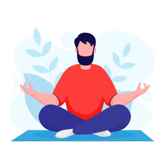Fototapeta na wymiar A man with short hair and a beard meditating in nature and sitting on a rug. Illustration for yoga, meditation, and healthy lifestyle. Vector illustration in flat cartoon style.