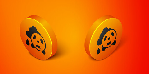 Isometric Acid rain and radioactive cloud icon isolated on orange background. Effects of toxic air pollution on the environment. Orange circle button. Vector