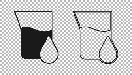 Black Oil petrol test tube icon isolated on transparent background. Cmemistry flask and falling drop. Vector