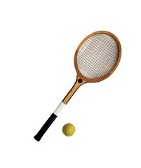 vintage wooden tennis racket single racket with tennis ball on transparent background 