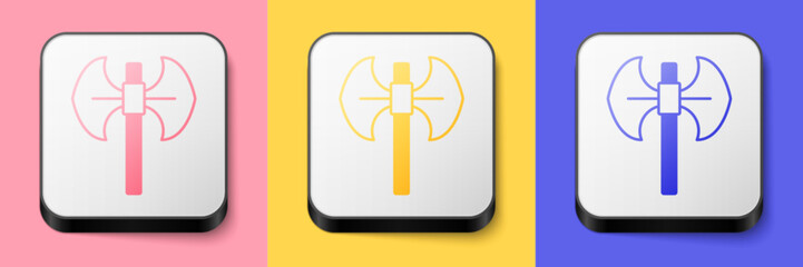 Isometric Medieval poleaxe icon isolated on pink, yellow and blue background. Square button. Vector