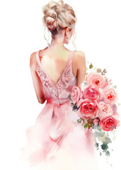 Fototapeta na wymiar back of bride with pink roses wedding bouquet watercolor isolated png