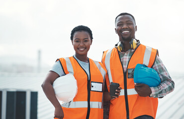 Portrait, engineer team and smile of black people at construction site with coffee. Teamwork,...