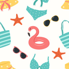 Seamless beach pattern with summer elements. Vector illustration
