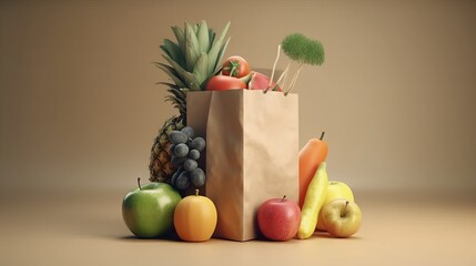 Supermarket Paper bag full of healthy food with fruits and vegetables