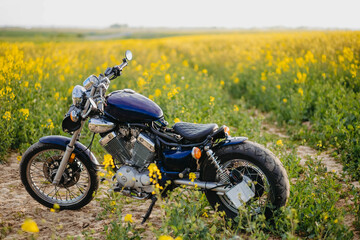 custom motorcycle bobber chopper in yellow field. Aesthetic vintage motorcycle © velimir