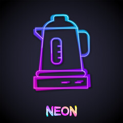 Glowing neon line Electric kettle icon isolated on black background. Teapot icon. Vector