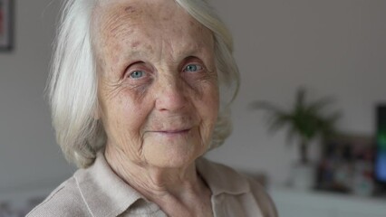 Portrait of one senior caucasian woman old female at home gray hair