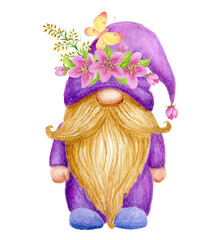 Springtime Gnome with spring flowers and butterfly. Watercolor drawing. Garden gnome clipart isolated on white background.