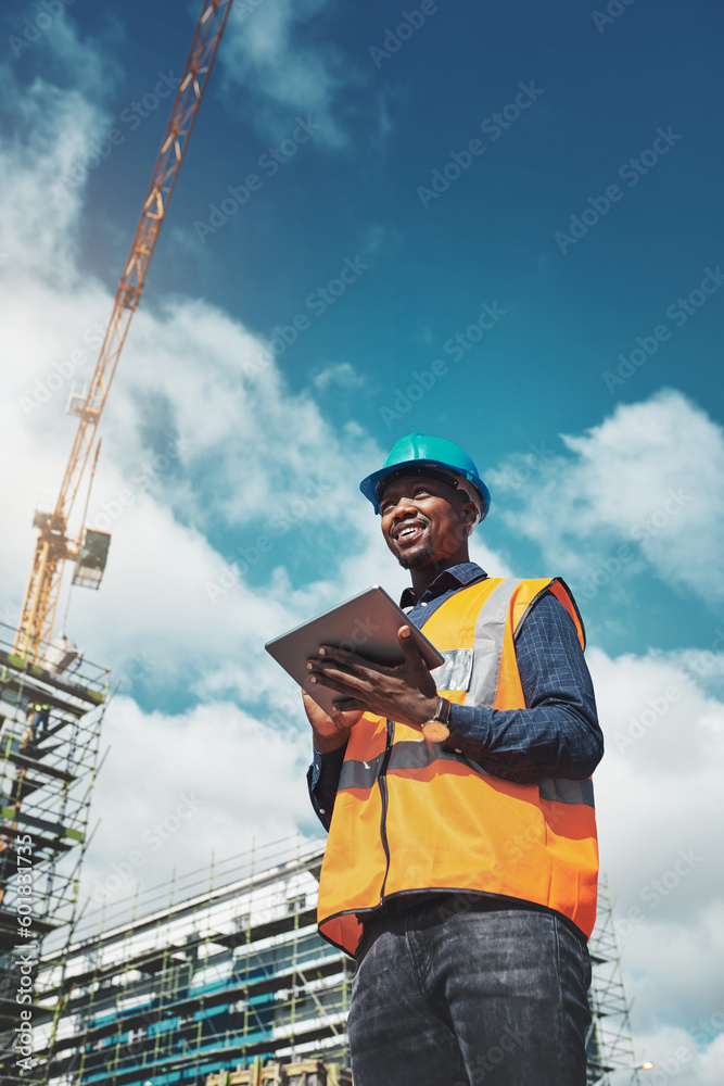 Aufkleber engineer man, construction and thinking with a tablet for project management, development and archit