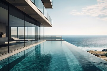 Obraz premium large swimming pool in an oceanfront apartment with ocean view ai generated 