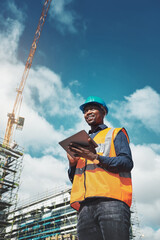 Engineer man, construction and thinking with a tablet for project management, development and...