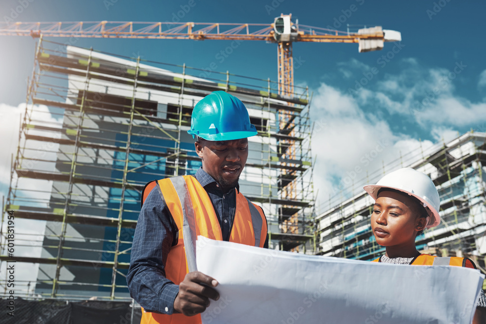 Aufkleber construction, engineer or architect team with blueprint for building project, collaboration and arch