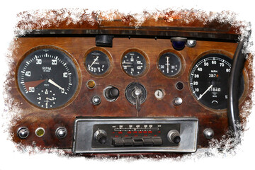 vintage car instruments , old dials and radio on wooden dashboard, rpm, petrol, speed miles per...