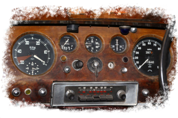 vintage car instruments , old dials and radio on wooden dashboard, rpm, petrol, speed miles per hour , temperature, with old style car radio on transparent background . 