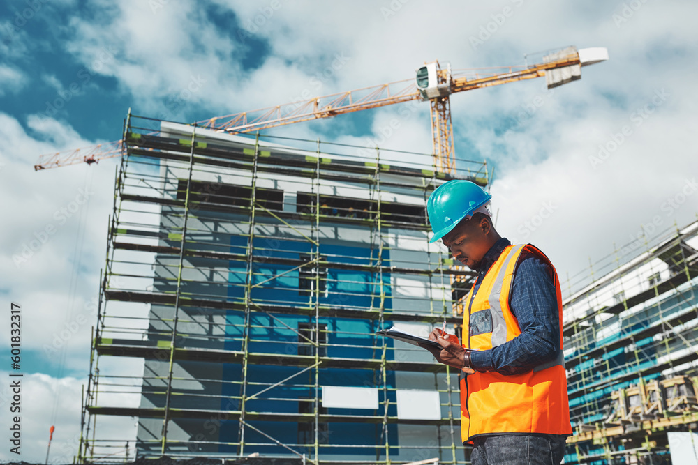 Poster engineer, construction and a man with a tablet for project management, development and architecture.