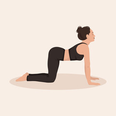 Young woman perfoming yoga exercise Cow Pose, and demonstrating yoga asana Bitilasana on light background. Flat vector illustration