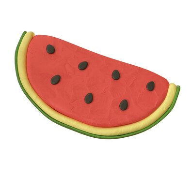 plasticine watermelon isolated on white background. 3d rendering illustration. fruit in cute cartoon style