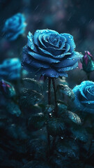 Naklejka na ściany i meble Close-up blue roses with water droplets background. Summer wallpaper. Ai generated