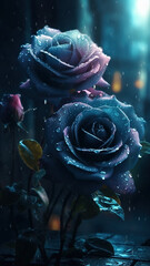Naklejka na ściany i meble Blooming blue roses with drops of water close-up background. Ai generated