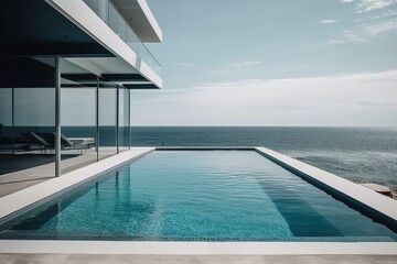 Fototapeta na wymiar large swimming pool in an oceanfront apartment with ocean view ai generated 