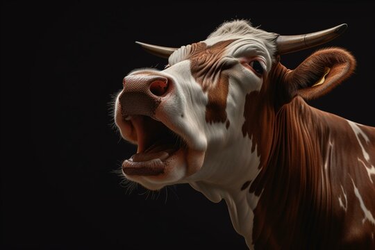 An impressively styled, hyperrealistic illustration of a cow in full growth, standing sideways with mouth open and gazing at the camera. Generative AI