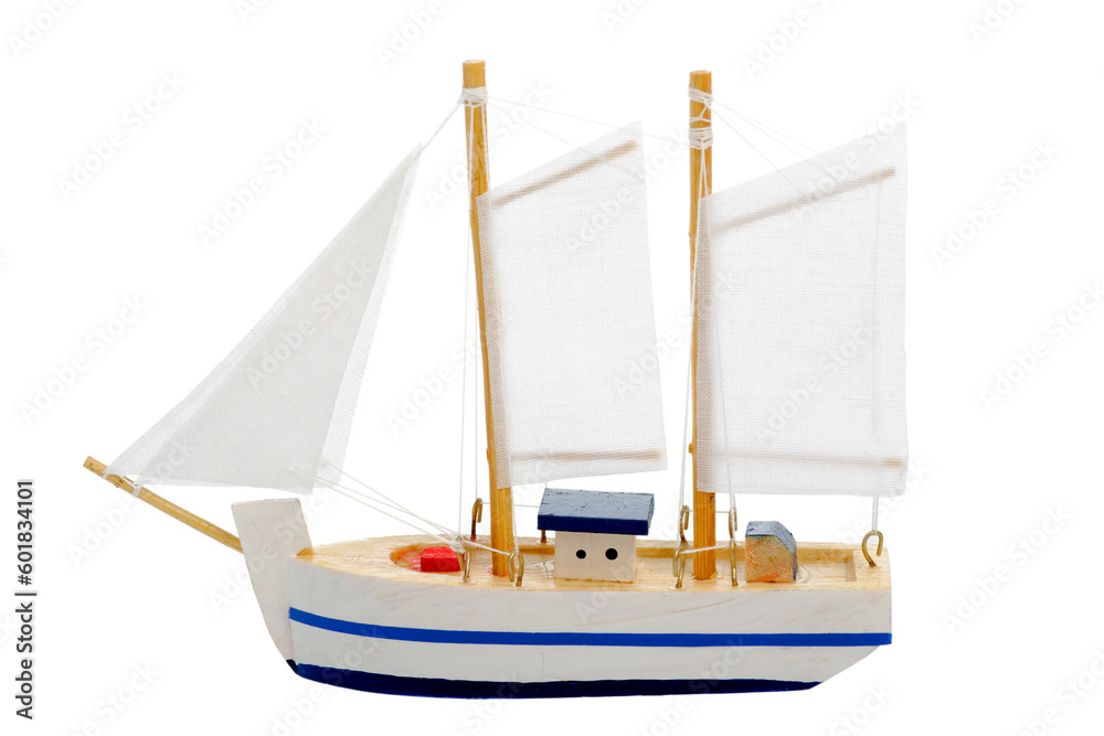 Wall mural toy sailing boat on white background