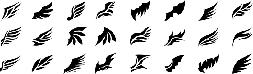 Fototapeta na wymiar Set of black wings icons. Wings badges. Collection wings badges.Modern minimalistic design. Vector illustration