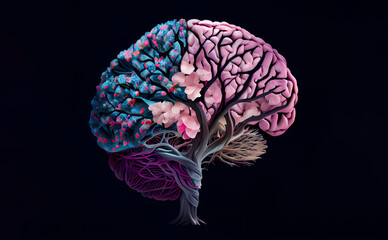 A realistic human brain merged with a vibrant cherry blossom tree, representing the concept of self-care and mental cognitive health. Generative Ai.