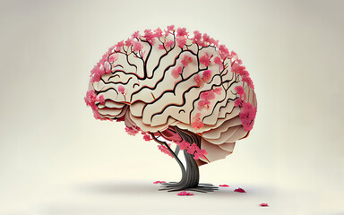 A realistic human brain merged with a vibrant cherry blossom tree, representing the concept of self-care and mental cognitive health. Generative Ai.