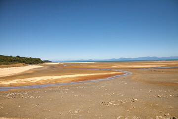 Fototapeta na wymiar Blick über den Strand von Abel Tasman Nationalpark bei Ebbe.