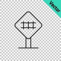 Black line Railroad crossing icon isolated on transparent background. Railway sign. Vector