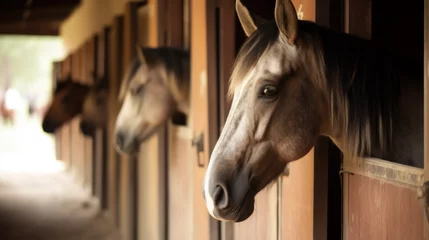 Fotobehang têtes de chevaux sortant de la porte de leurs box dans les écuries d'un club d'équitation © sebastien jouve