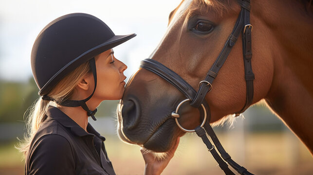 portrait vue de profil d'une cavali&egrave;re face &agrave; face avec son cheval